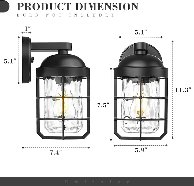Emliviar Cylinder Outdoor Wall Lights Set of 2, 11" Black Outside Lamps Wall Mount for Porch, Garage, Front Door, E26 Socket with Water Ripple Glass, GE255BL-2PK BK-WG