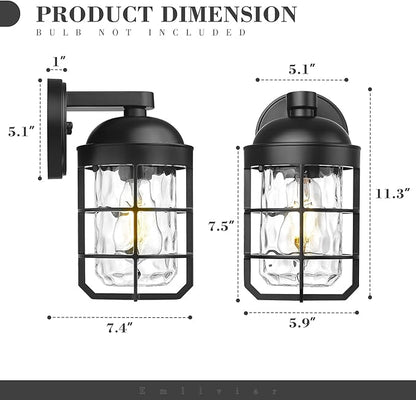 Emliviar Cylinder Outdoor Wall Lights Set of 2, 11" Black Outside Lamps Wall Mount for Porch, Garage, Front Door, E26 Socket with Water Ripple Glass, GE255BL-2PK BK-WG