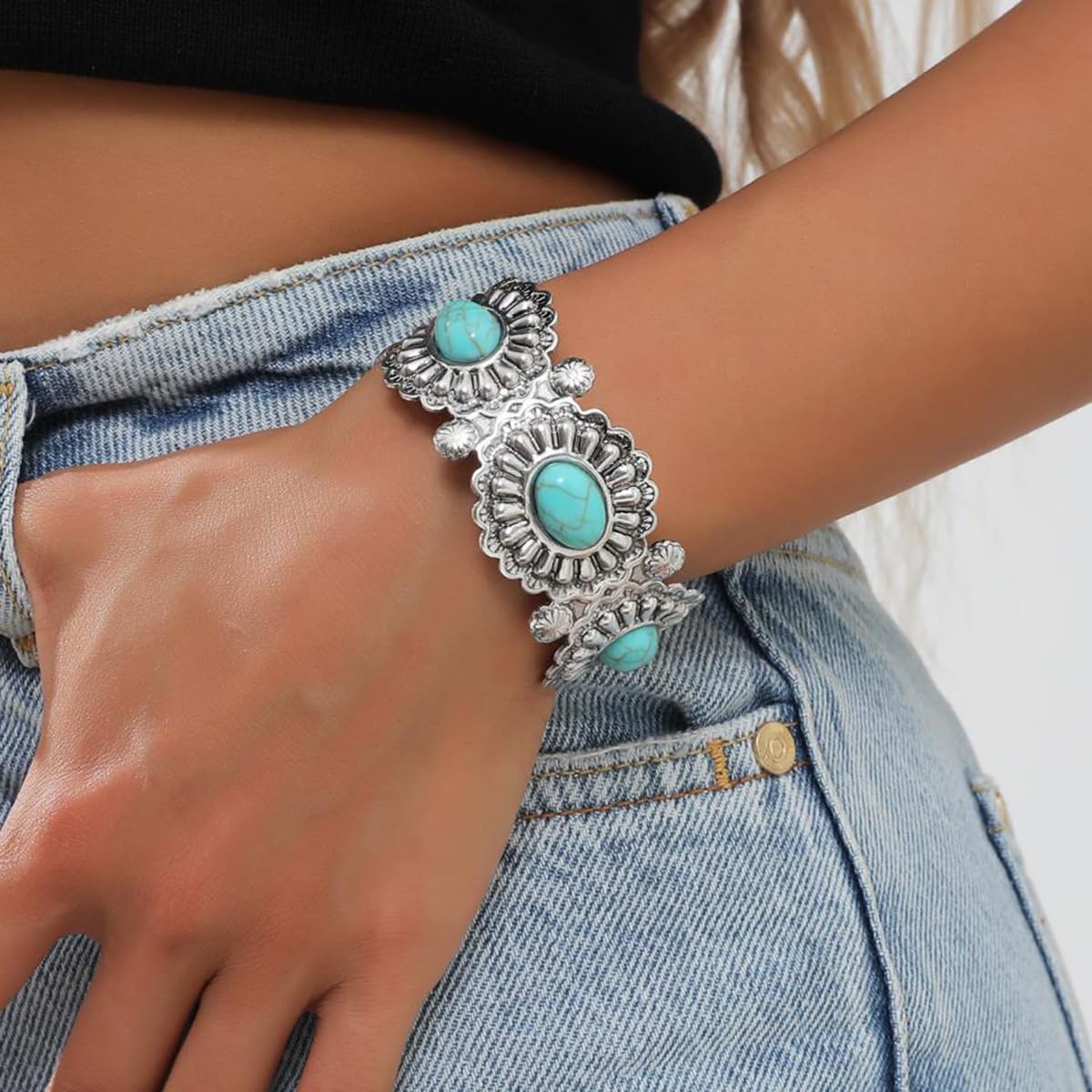 BUBGDYFO Boho Western Statement: Turquoise Cuff Bracelet for Women - Ideal for Music Festivals, Adjustable Cowgirl Country Concerts & Daily Wear Gift