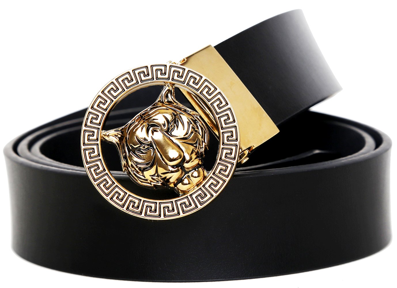 Old John leather Men's Luxury Gold Tiger Buckle 35-mm Italian Leather Belt (105cm/41.3inch(34-36), Black)