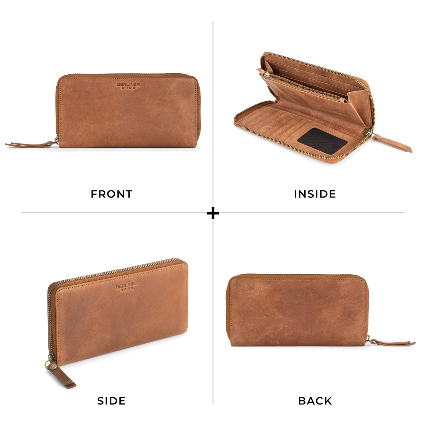 BERLINER BAGS Vintage Genuine Leather Wallet Margo, RFID Blocking Credit Card Holder, Slim Womens Wallet, Zip Around Wallet for 13 Cards and ID window, Bills, Coins - Brown