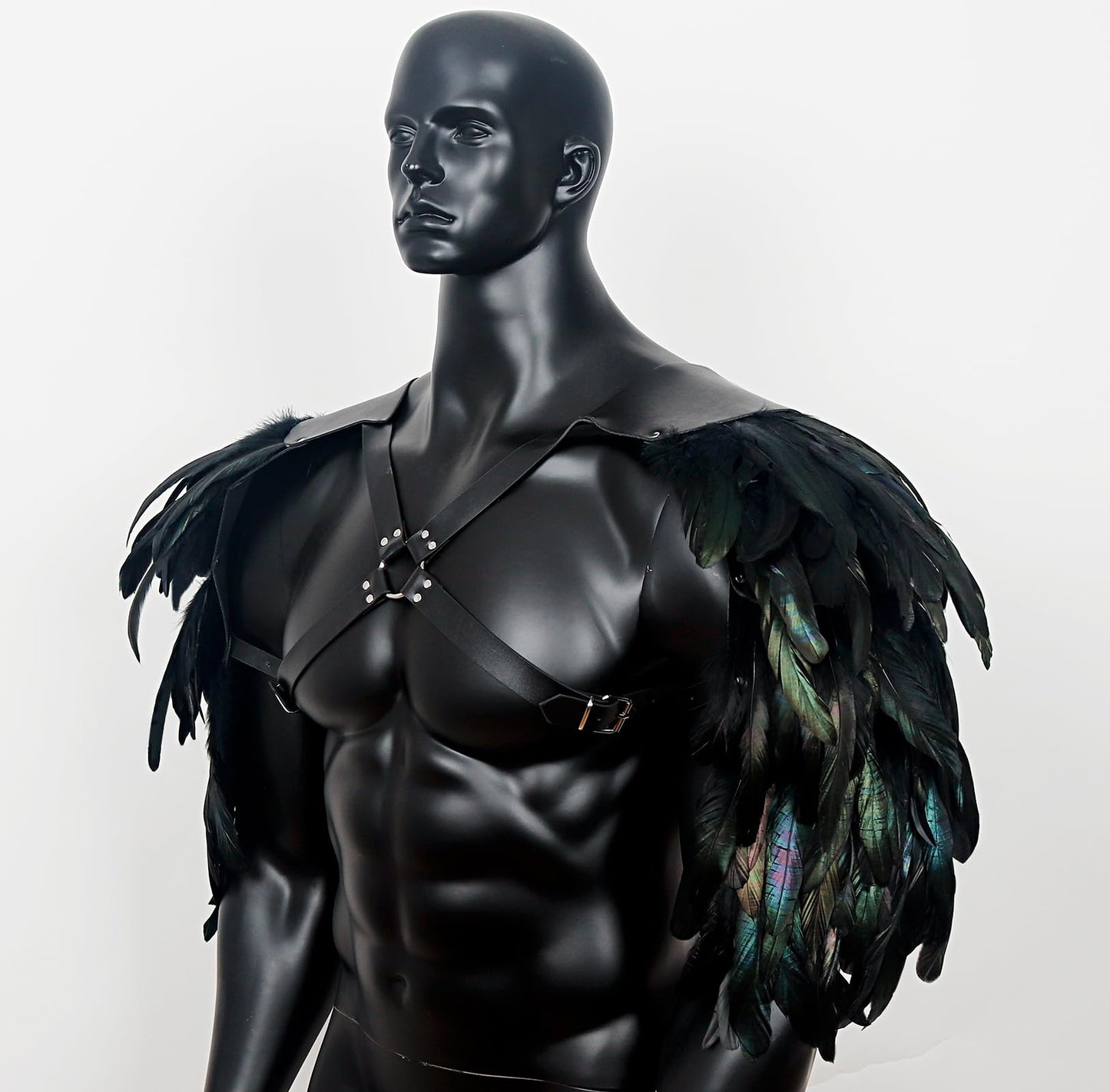 L'VOW Men's Feather Shoulder Armor Medieval Leather Harness Shoulder Guards Halloween Demon Cosplay(Black-2)