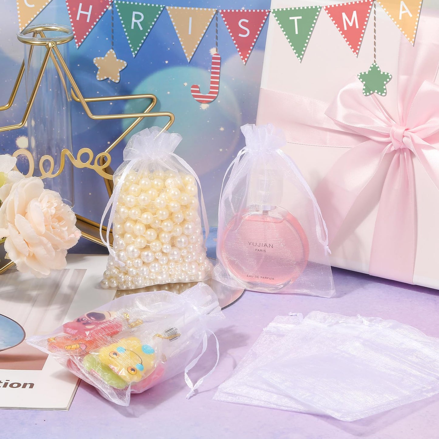 Hopttreely 100PCS Premium Sheer Organza Bags, White Wedding Favor Bags, 4x4.72 Jewelry Gift Bags for Party, Jewelry, Christmas, Festival, Bathroom Soaps, Makeup Organza, Wrapping Supplie