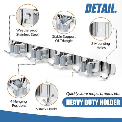 QianRuiDa Mop Broom Holder Wall Mount, 4 Racks 5 Hooks Stainless Steel Storage Organizer for Home, Kitchen, Garden, Laundry room, Garage tool storage