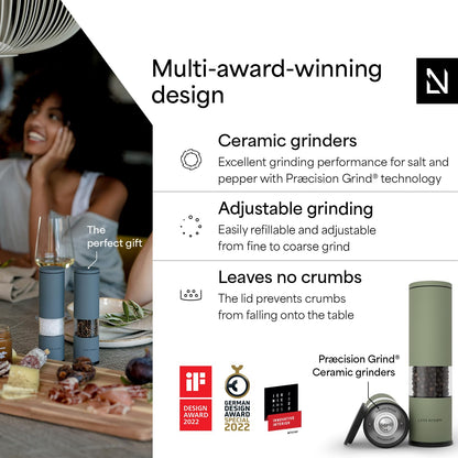 LARS NYSØM Salt and Pepper Grinder Set 2 pieces I Salt Pepper Mill with Adjustable Ceramic Grinder I Design Spice Grinder Set Manual (Sage Green)