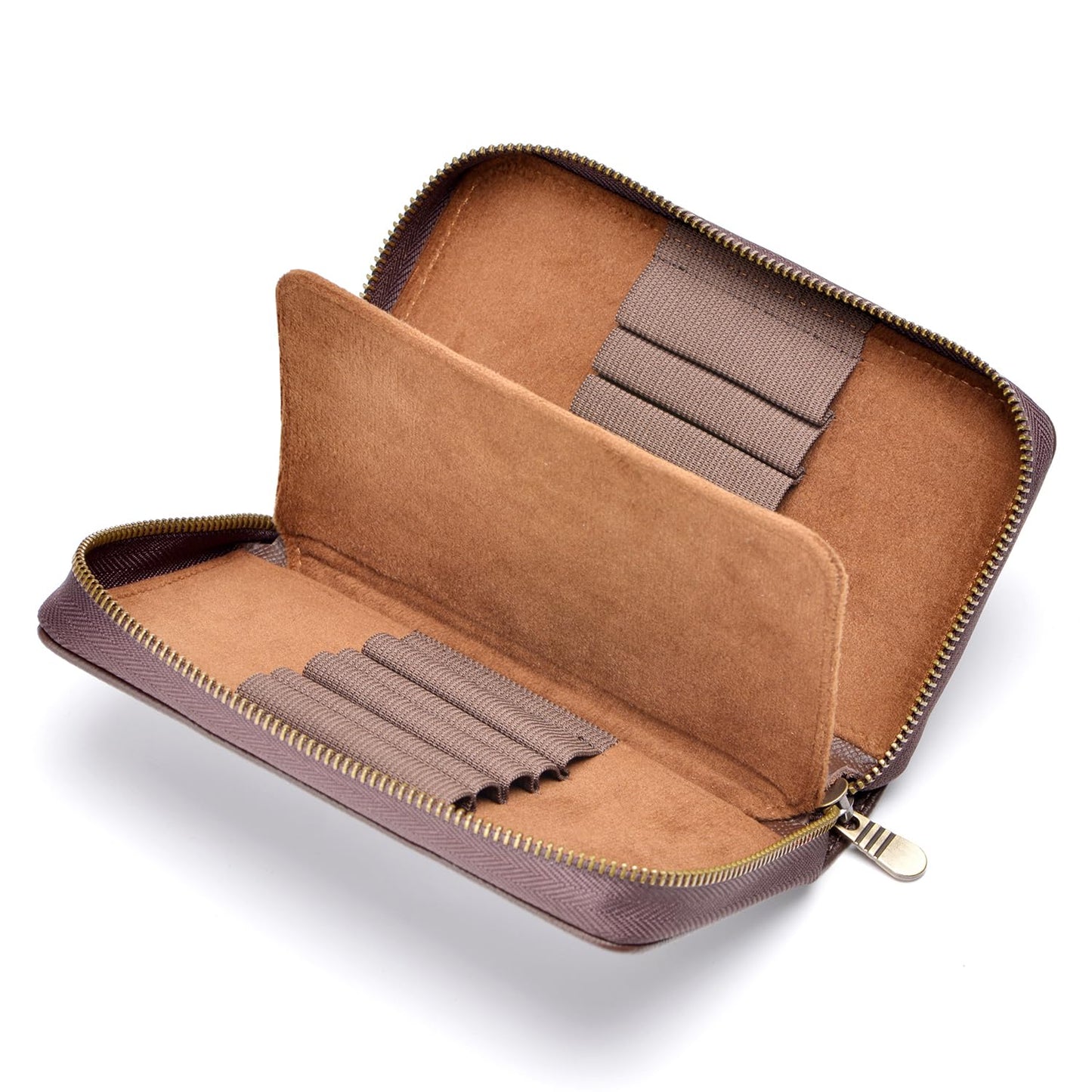 Asvine Fountain Pen Case Genuine Leather Pen Case 10 Divided Slots Coffee, Rollerball Pen Holder Handmade Display Organizer Zippered Pouch