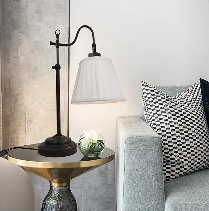 Farmhouse Table Lamps for Living Room, Rustic Desk Lamp with Adjustable Height, Industrial Reading Vintage Light with Pleated Fabric Lampshade for Bedroom, E26