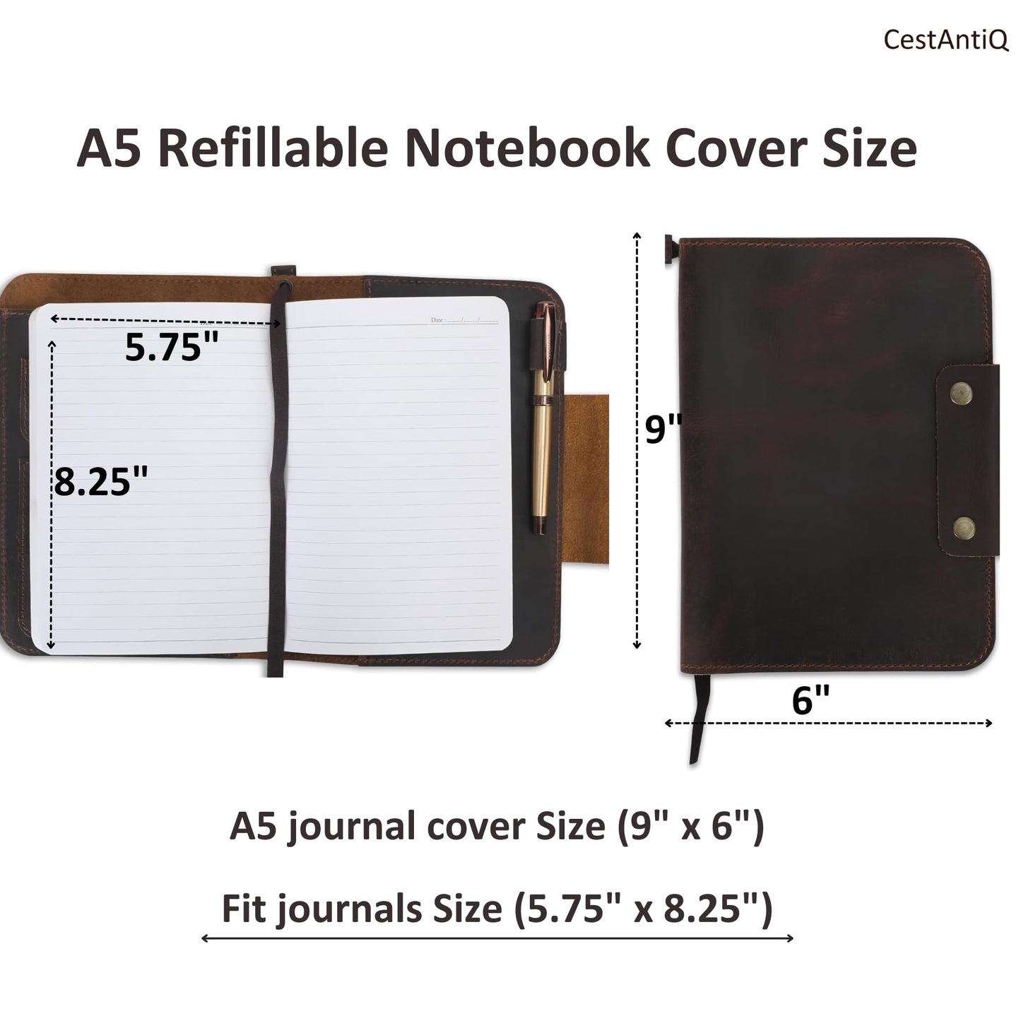 CestAntiQ Rustic Leather Journal Cover – Fit for 5.75 x 8.25 Inch & A5 Notebooks (5.5 x 8.2 Inch) – Refillable Cover with Pen Loop, 5 Card Slots – Ideal for Writers, Artists, Professionals (Brown)