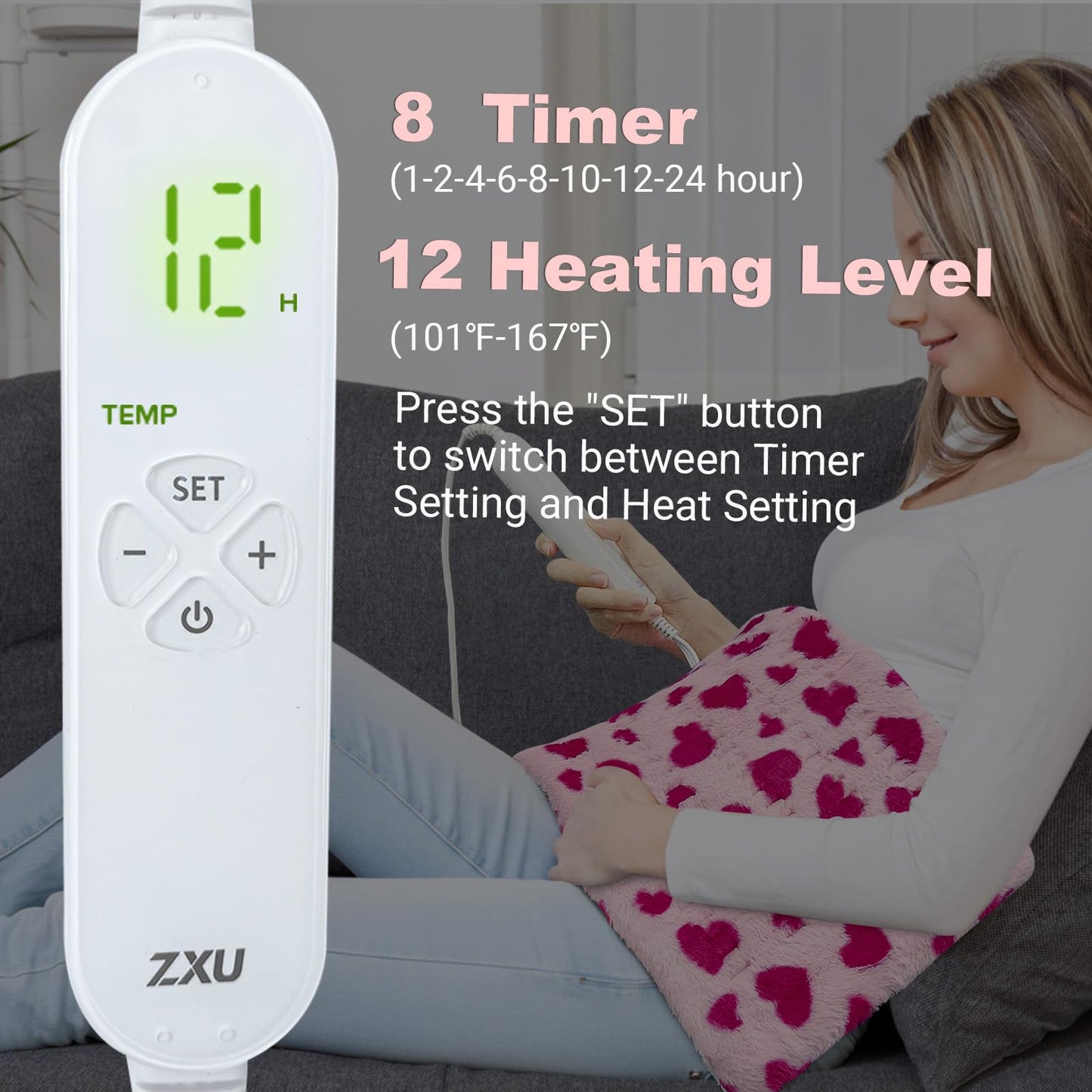 ZXU Heating Pad for Back Pain Relief, Ultra Soft Sherpa Heating Pad for Cramps Relief with 12 Heat Setting, Moist Heat Option, and Auto Shut Off Function Hot Heated Pad (Pink,Heart Pattern)