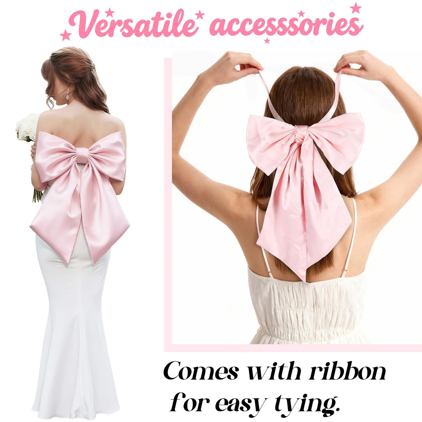 Big Pink Bow Coquette Room Decor, 23x11 Inch Satin Bows Large Pastel Pink Bows Birthday Decorations as Crib Skirt for Christmas Tree Topper Girl Room Xmas Gift Wrapping Bachelorette Baby Shower (3pcs)