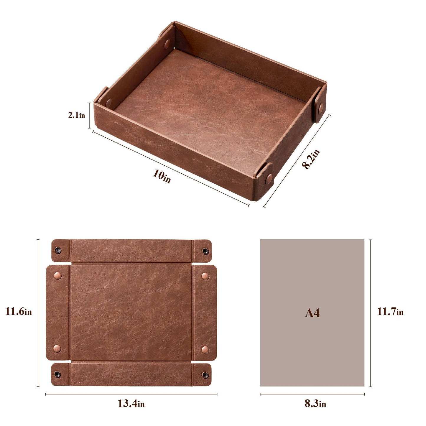 Josmimic Catch All Valet Tray - EDC Organizer for Key, Wallet, Watch, Jewelry, Phone, coin change | Faux Leather Storage Tray for Dresser, Nightstand, Desk, Entryway, Travel Storage | Brown