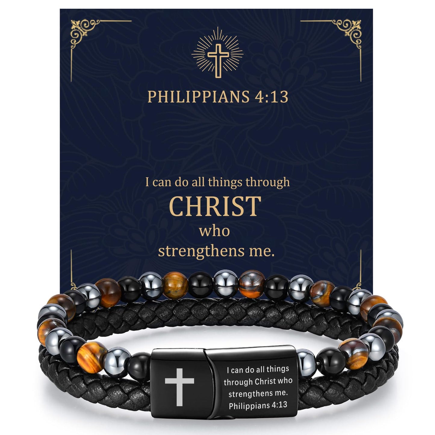 MEALGUET Triple Protection Leather Cross Bracelet : Men's Bible Verse Engraved Tiger's Eye Hematite Onyx Healing Stone Braided Black Cross Bracelets, I Can do All Things Through Christ