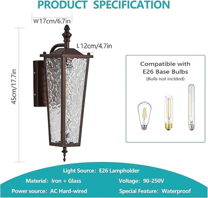 Brown Outdoor Wall Light External Wall Light Porch Lamp Wall Mount with E26 Outlet and Glass 16.7 Inch Outdoor Lighting for Garage Patio Front Entrance