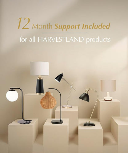 HarvestLand HaloBar Reading Lamp – Black and Brass Desk Lamp, for Home Office, Industrial Table lamp with Solid Base for Study and Reading, Bedside Table and Architect Desk Lamp