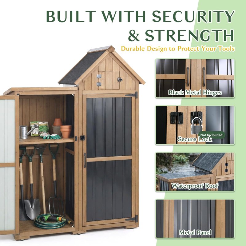 Outdoor Storage Cabinet Weatherproof with 3 Adjustable Shelves, 66'' H Wood & Metal Storage Shed with Lockable Doors & Waterproof Roof, Outside Garden Tool Sheds, Brown