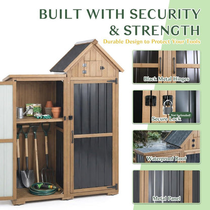 Outdoor Storage Cabinet Weatherproof with 3 Adjustable Shelves, 66'' H Wood & Metal Storage Shed with Lockable Doors & Waterproof Roof, Outside Garden Tool Sheds, Brown
