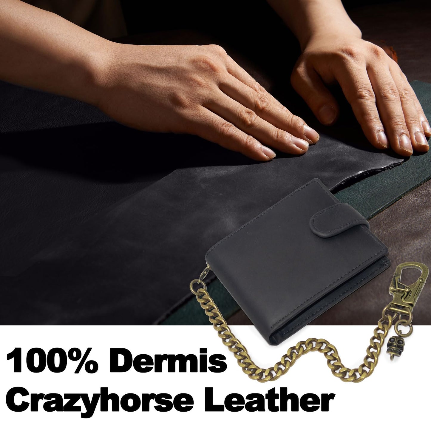 Ahiller Chain Wallet for Men Crazy Horse Bifold Leather Wallet with Chain, Anti-Theft Mens Wallets with Gift Box,Zippered Bill Compartment,ID Window, Card Slots-Black