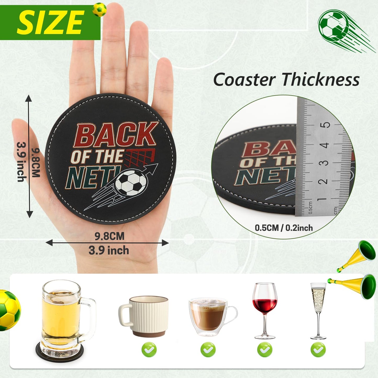 BEADJONE 6 Pack Soccer Coasters for Drinks Set, 3.9" Leather Football Coasters with Holder, Waterproof Tabletop Protection for Home Bar Watch Parties & Game Day Decor, Sports Fans Gifts