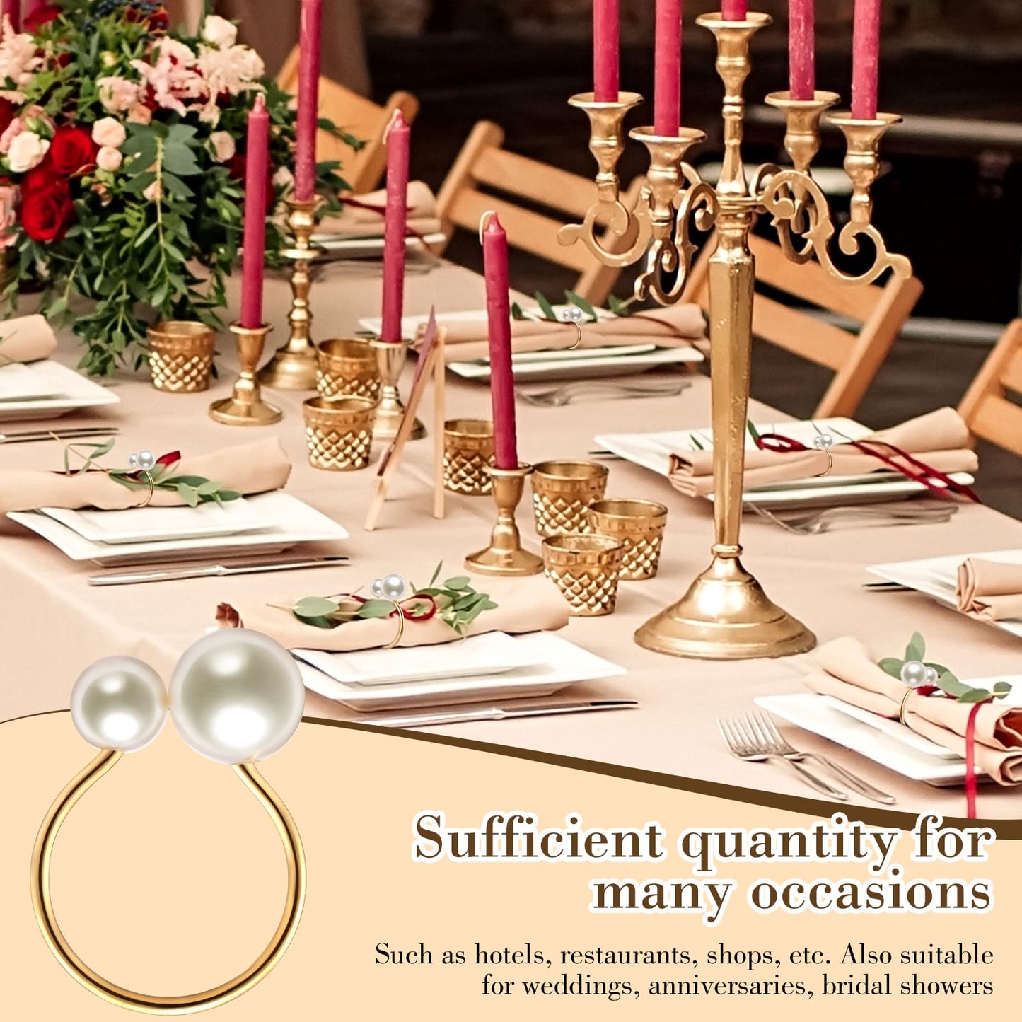 Sliner 50 Pcs Gold Pearl Napkin Rings Set, Faux Pearl Napkin Ring Holders, Delicate Metal Serviette Buckle Bulk for Wedding, Dinner Banquet, Holiday Gather Part, Party Table Decor(Simple Style)
