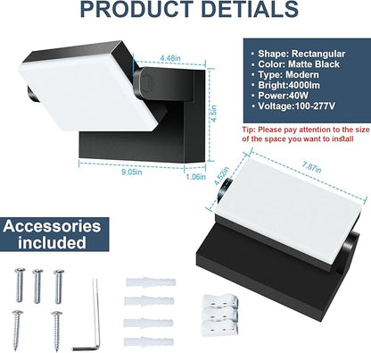 40W Outdoor Wall Light 360 °Rotatable Led Wall Pack Light, 5000K 4000LM Super Bright Wall Mount Lights, Waterproof Self-Developed Security Exterior Flood Lighting for Yard House 2Pack ﻿