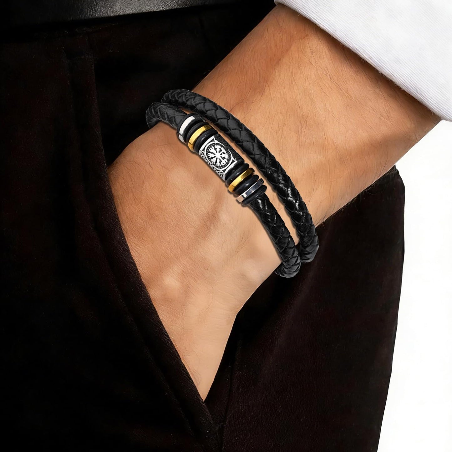 leejory Viking Bracelet for Men, Double-Row Braided Genuine Black Leather Cuff Wristband Norse Compass Symbol Vegvisir Bracelets, Nordic Jewelry Religious Pagan Amulet Gift for Mens Teen Grandson Son