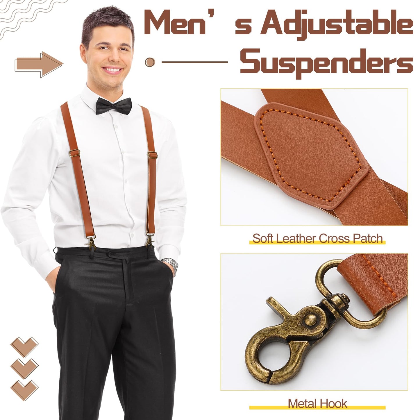 Silicherry 2 Pcs X-Suspenders for men Brown Leather Suspenders Adjustable Back Strap with Swivel Hooks for Jeans Wedding Groomsmen