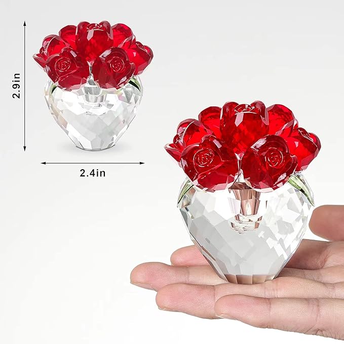LONGWIN Crystal Rose Flower Figurines Collectible Glass Spring Bouquet with Vase Home Decor Romantic Gifts for Women Red