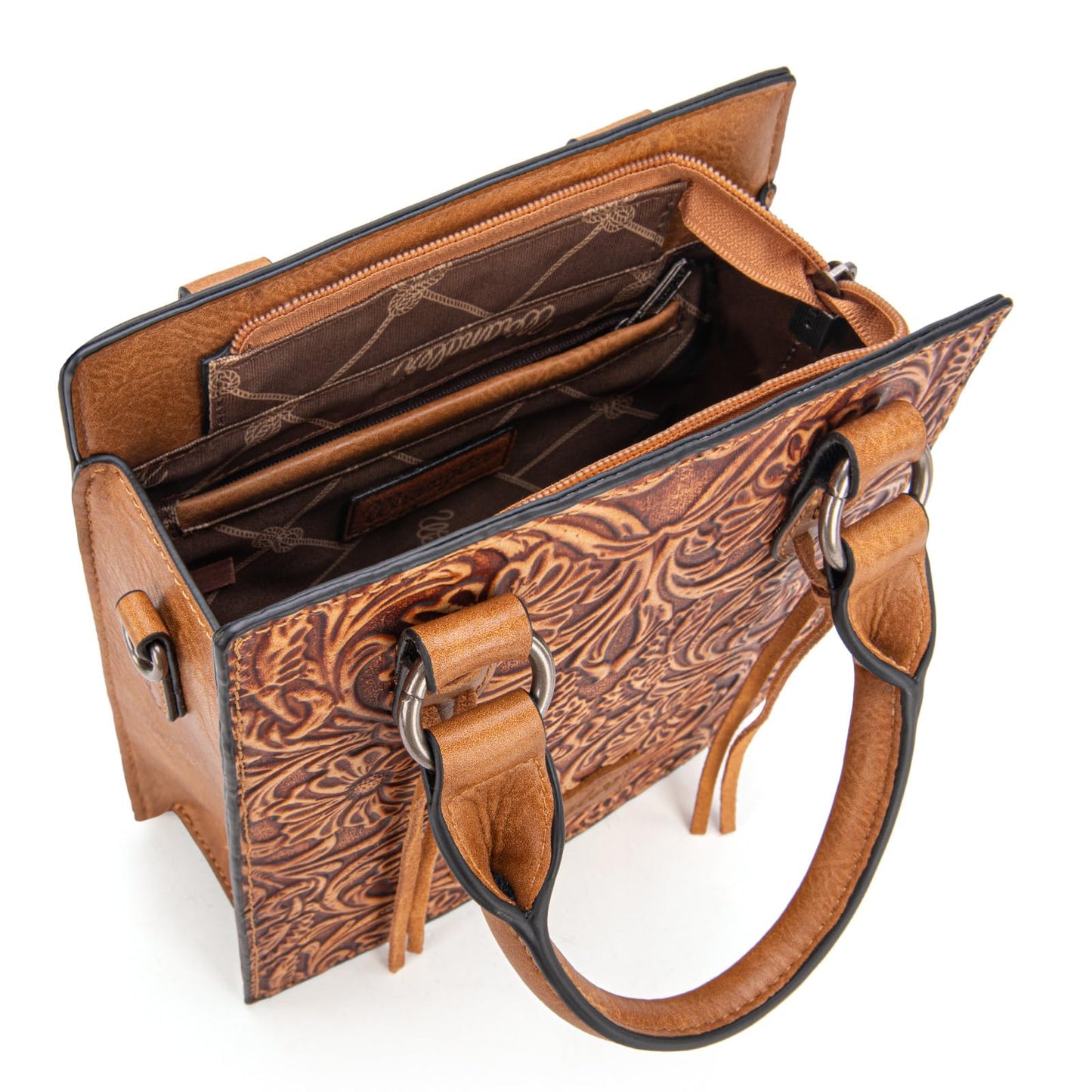 Wrangler Embossed Crossbody Purse for Women Wallet Women Western Cross body Purses Fringe Top handle handbag and small Purse WG271-8119LBR