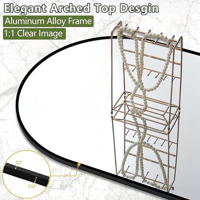 Arched Floor Mirror, 76 "x 34" Full Length Mirror Wall Mirrors Hanging or Leaning Arched-Top Full Body Mirrors with Stand for Bedroom, Dressing Room, Black