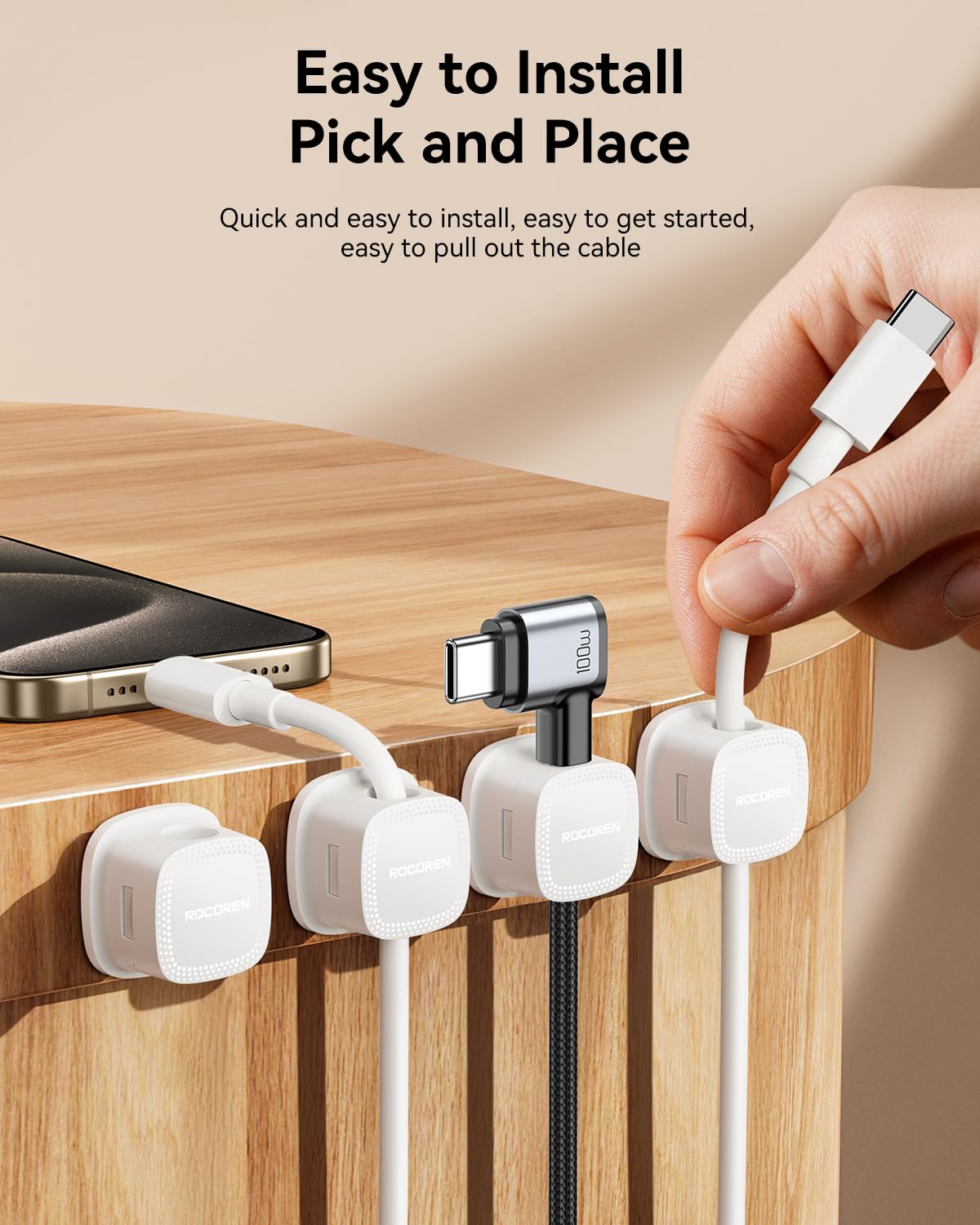 6-Pack Magnetic Cable Clips Cord Organizer-Cable Smooth Adjustable, Rocoren Desk Cable Management Accessories,Cable Holder Clips Wire Holder Keeper for Desktop,Nightstand,Wall,Home Office,Phone,Car