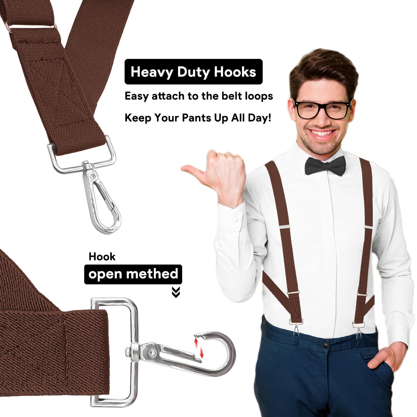 JTCMOJS Side Clip Suspenders for Men Heavy Duty X Back Braces Faux Leather Brown Suspenders for Men Big and Tall