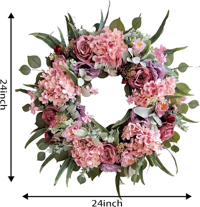 WANNA-CUL 24 Inch Spring Hydrangea Wreaths for Front Door,Spring Front Door Wreath with Rustic Pink Rose and Peony Flower for Wedding or Indoor&Outdoor Decoration