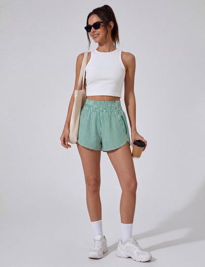 BMJL Women's Athletic Shorts High Waisted Running Short Pocket 2.5" Sporty Shorts Gym Elastic Workout Shorts(S,Green Striped)