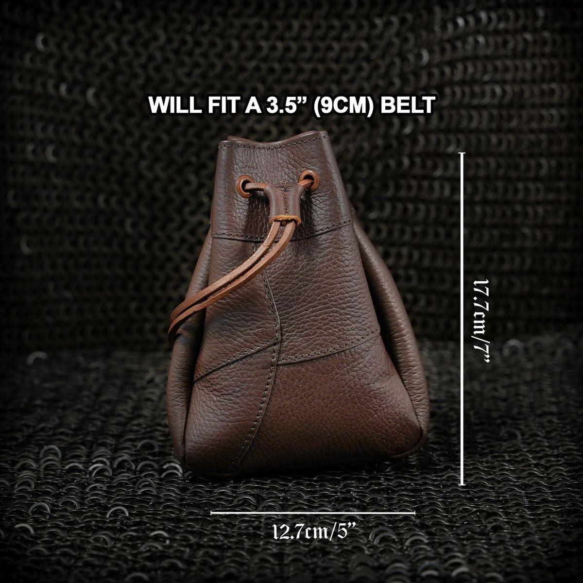 Mythrojan Leather Belt Bag Medieval Pouch Renaissance Drawstring Pouch with 100% Genuine Leather Belt Purse for Reenactments, SCA, LARP, Cosplay Costume Accessory - Brown, 7" x 5"