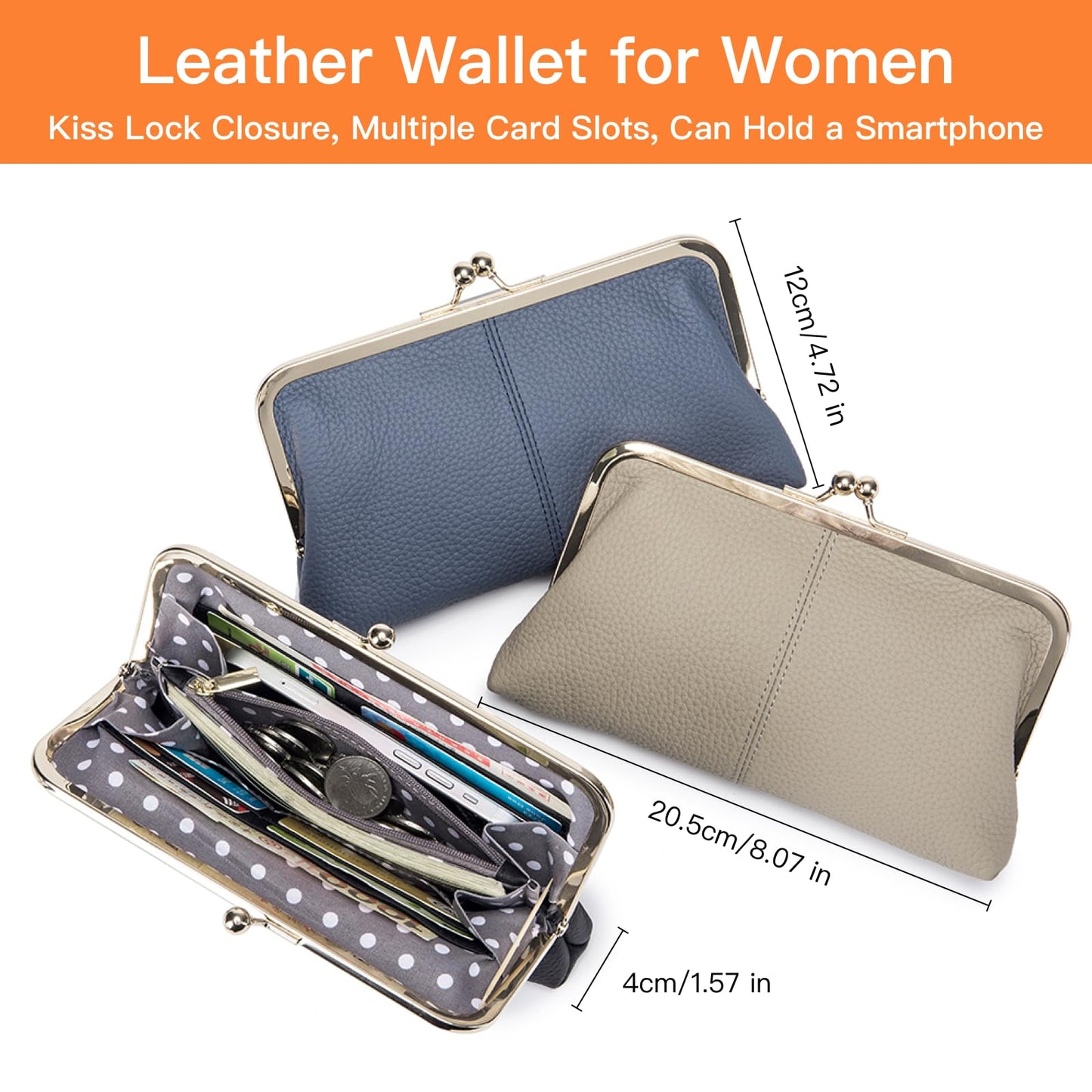 Leather Wallet for Women with Kiss Lock Closure, Multiple Card Slots, Smartphone Holder, 8.07 x 4.72 Inches (Black)