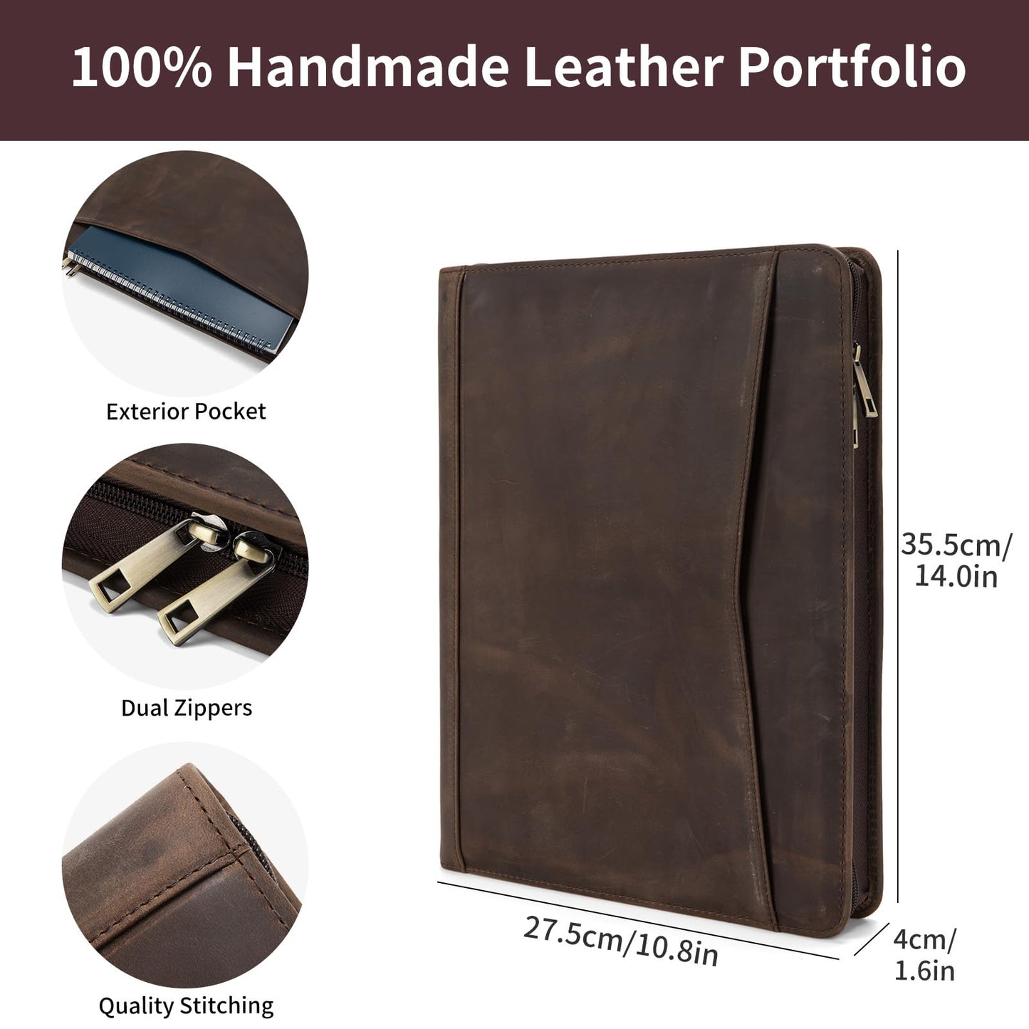 Geslun Genuine Leather Portfolio with Front Pocket for Men and Women, 8.5 x 11 Legal Pad Notepad Holder, Zippered Business Organizer, Professional Executive Letter Notebook Folder for Work, Dark Khaki