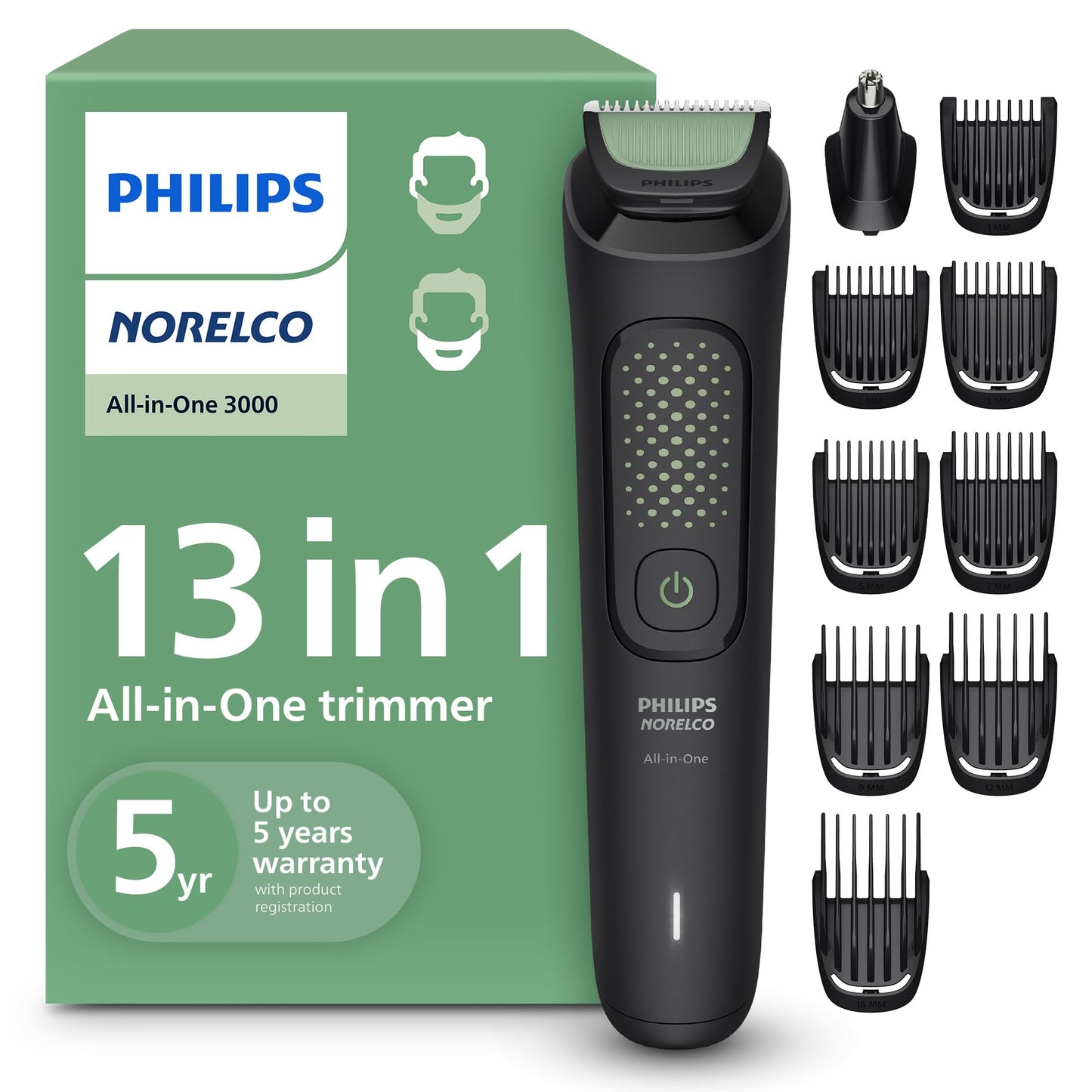 Norelco Philips Multigroom 3000 Series, All-in-One Trimmer, Beard Trimmer and Hair Clipper, 15-Piece Men's Grooming Kit for Head, Beard, Face, Nose, Ears, No Blade Oil Needed, Soft Pouch, MG3770/40