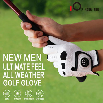 FINGER TEN Men’s Golf Gloves Left Hand Right with Ball Marker 2 Pack, Weathersof Grip Soft Comfortable, Fit Size Small Medium ML Large XL (Large, Worn on Left Hand)