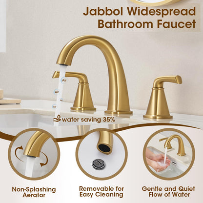 JABBOL Gold Bathroom Faucet,Brushed Gold Bathroom Faucet,Brass Sink Faucets,Bathroom Faucet 3 Hole Brushed Nickel，with Pop Up Drain Supply Hose for Vanity,Lavatory RV Farmhouse