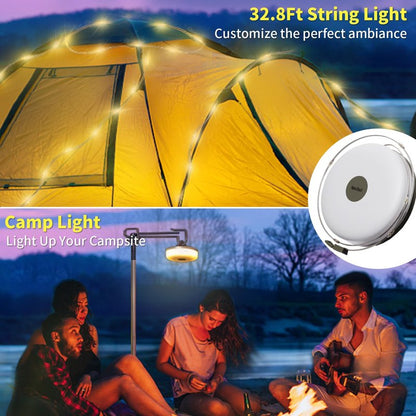 HAMLITE Camping String Lights,2 in 1 Outdoor Waterproof Portable Stowable String Light with 5 Lighting Modes(32.8Ft), USB Camping Lights, Rechargeable String Lights for Yard Hiking,Christmas