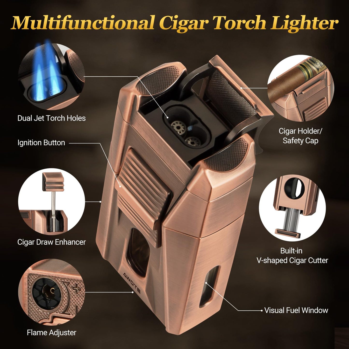 AWOTE Travel Leather Cigar Case with Cigar Torch Lighter, Cigar Bag with 4 Cigar Tubes, Include Cigar Accessories