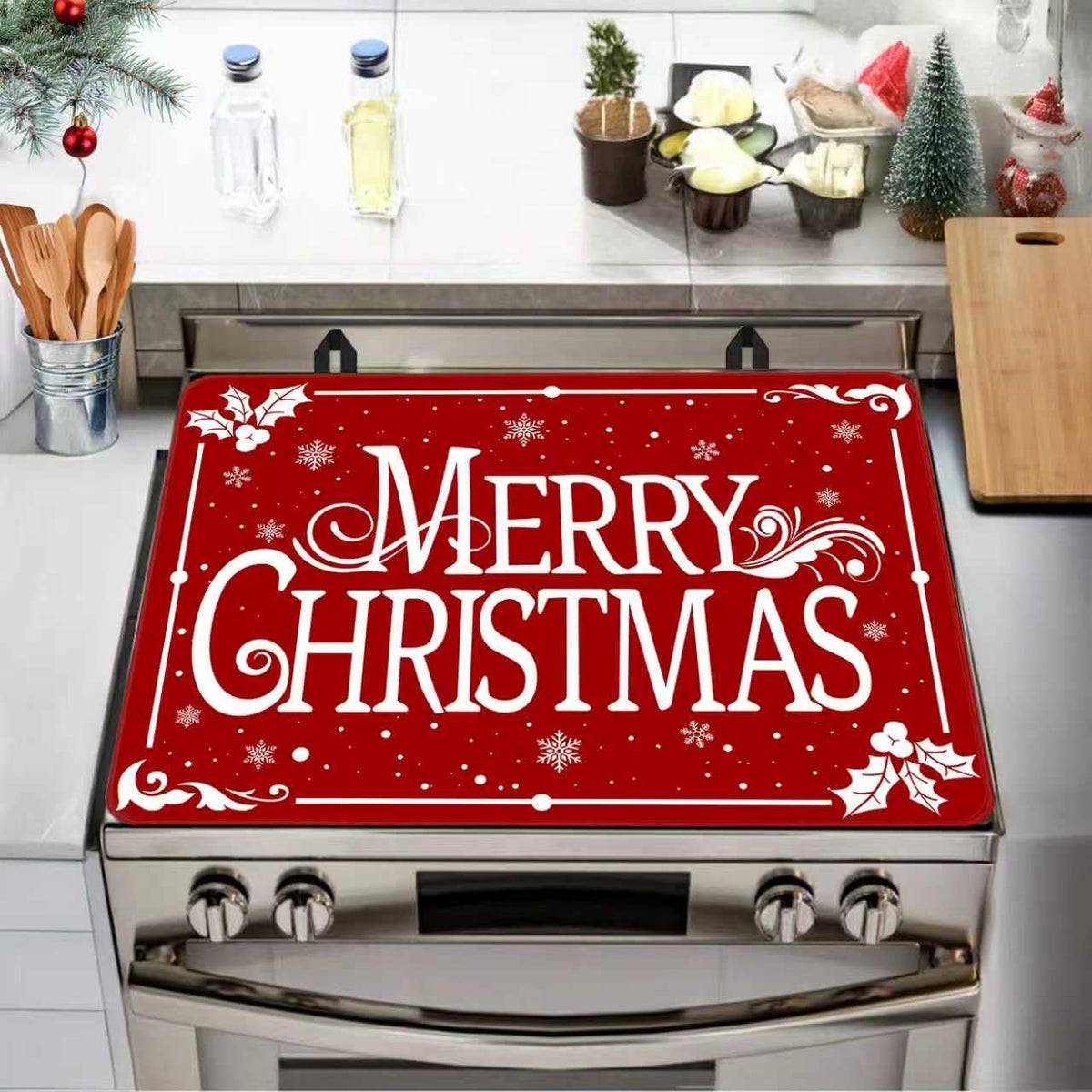 Christmas Stove Top Cover for Electric Stove, Merry Christmas Range Covers, Snowflake Range Top Mats, Glass Cooktop Covers 28x20 inch, Red Cooktop Cover for Kitchen Winter Holiday Home Decor
