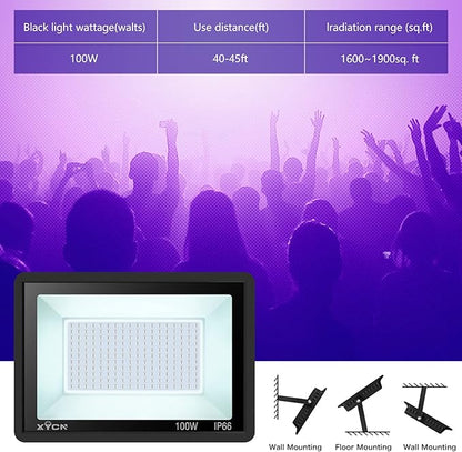 3 Pack 100W LED Black Light, Blacklight Flood Light with Plug and Switch, IP66 Waterproof Neon Glow for Party, Halloween, Fluorescent Poster, Body Paint, Aquarium