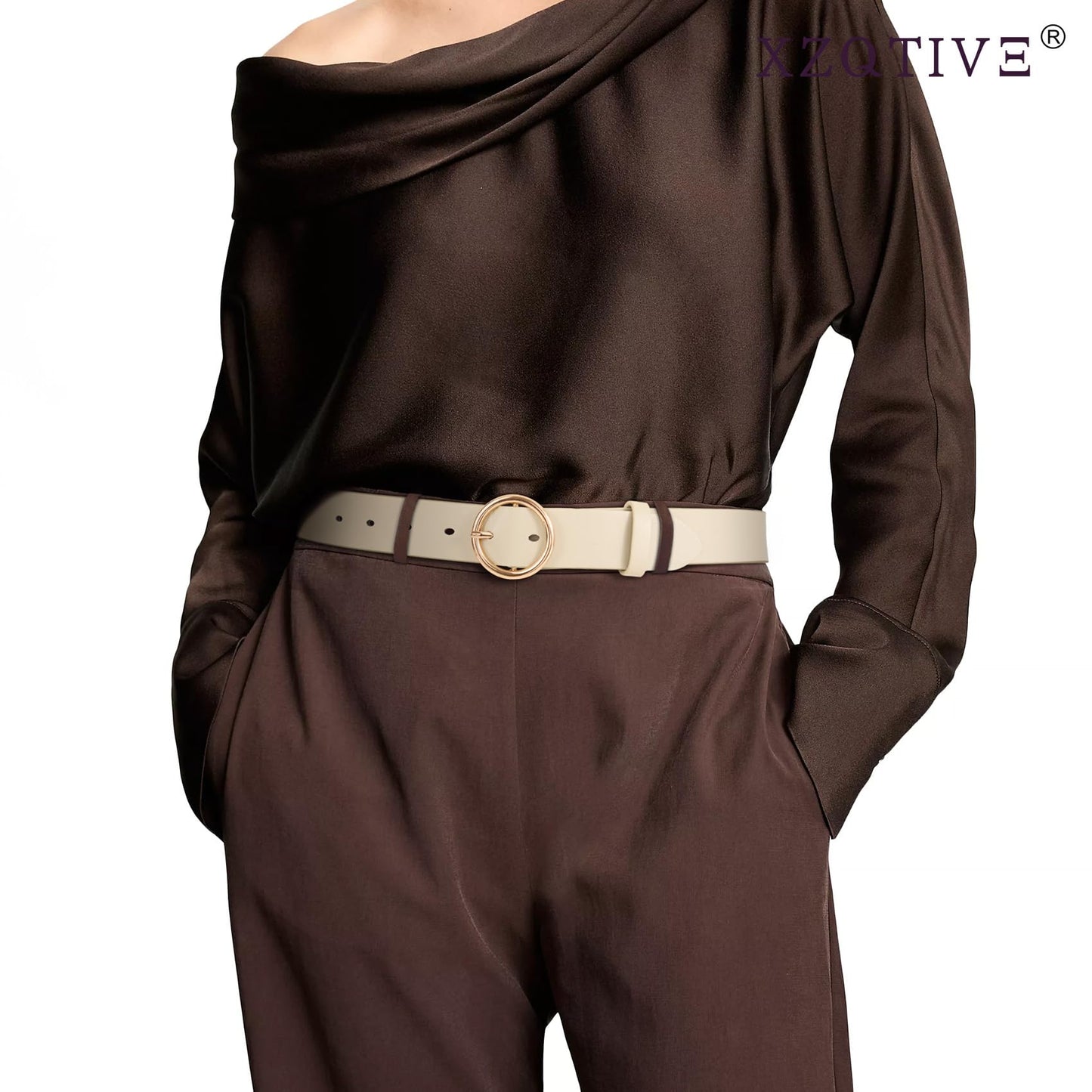 XZQTIVE Women Leather Belt with Circle Gold Buckle Fashion Ladies Waist Belt for Jeans Pants Dresses,Beige