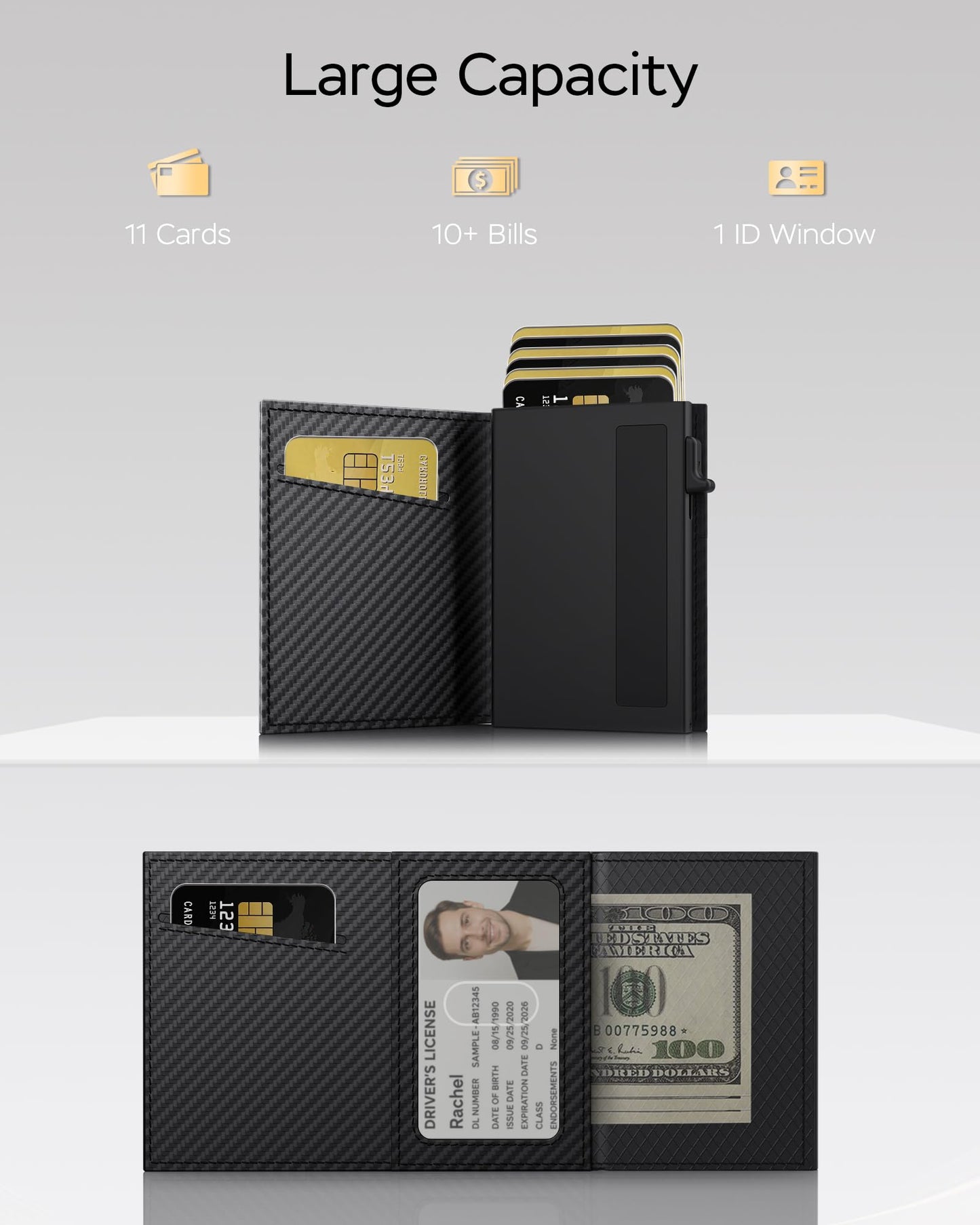 RFID Wallet for Men with Smart Pop Up Card Holder, Trifold Slim Minimalist Front Pocket Wallet with Metal Case ID Window Cash Slot & Magnetic Closure, 11+ Cards 10+ Bills Capacity, Gift for Men / Him