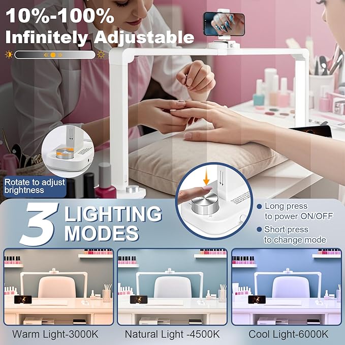 CGBE Foldable Nail Light for Desk with Phone Holder, Ultra-Large 33.5" Manicure Nail Tech Lights for Desk for Nails, Tattoos, Eyelash, Facial, Beauty (White)