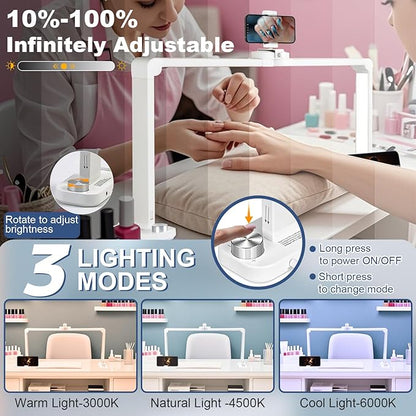 CGBE Foldable Nail Light for Desk with Phone Holder, Ultra-Large 33.5" Manicure Nail Tech Lights for Desk for Nails, Tattoos, Eyelash, Facial, Beauty (White)