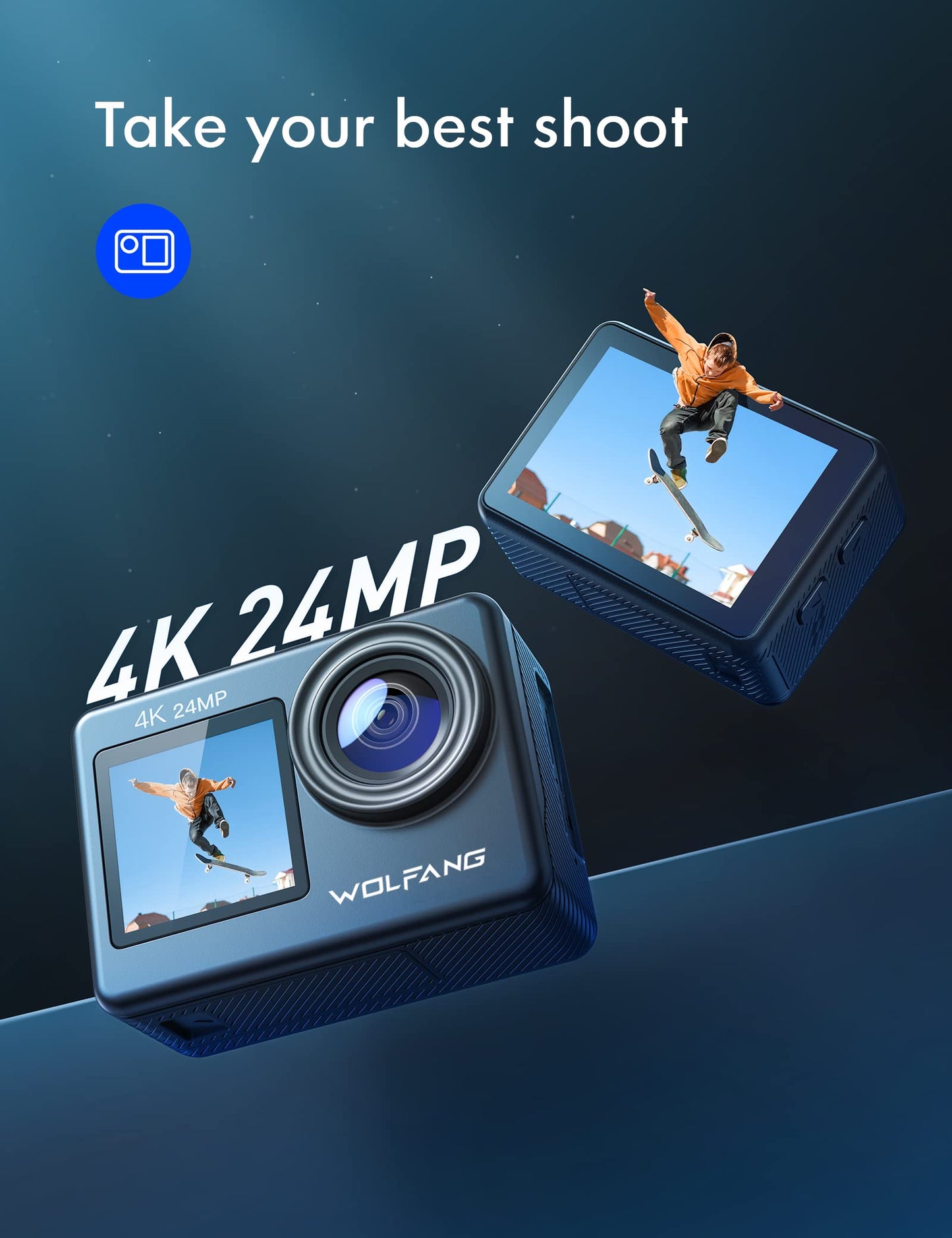 WOLFANG GA200 24MP 4K Action Camera 40M Waterproof Underwater Camera for Snorkeling, EIS WiFi Adjustable Wide Angle Dual Screen Camera for Vlog, Webcam(Charger, Remote Control and Helmet Accessories)