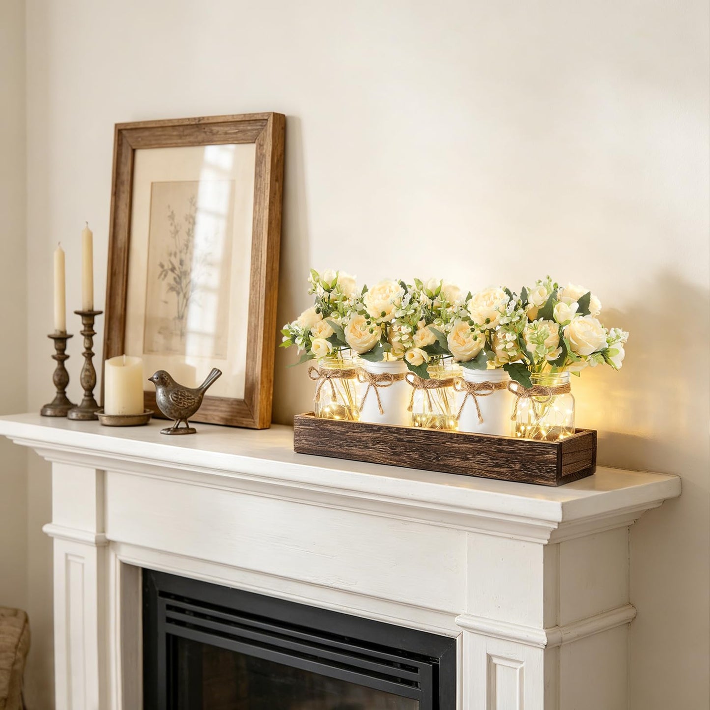 Mkono Mason Jar Lights Centerpiece Table Decor for Dining Room Farmhouse Wood Tray with Flowers Valentines Day Decoration for Coffee Table Kitchen Living Room Wedding