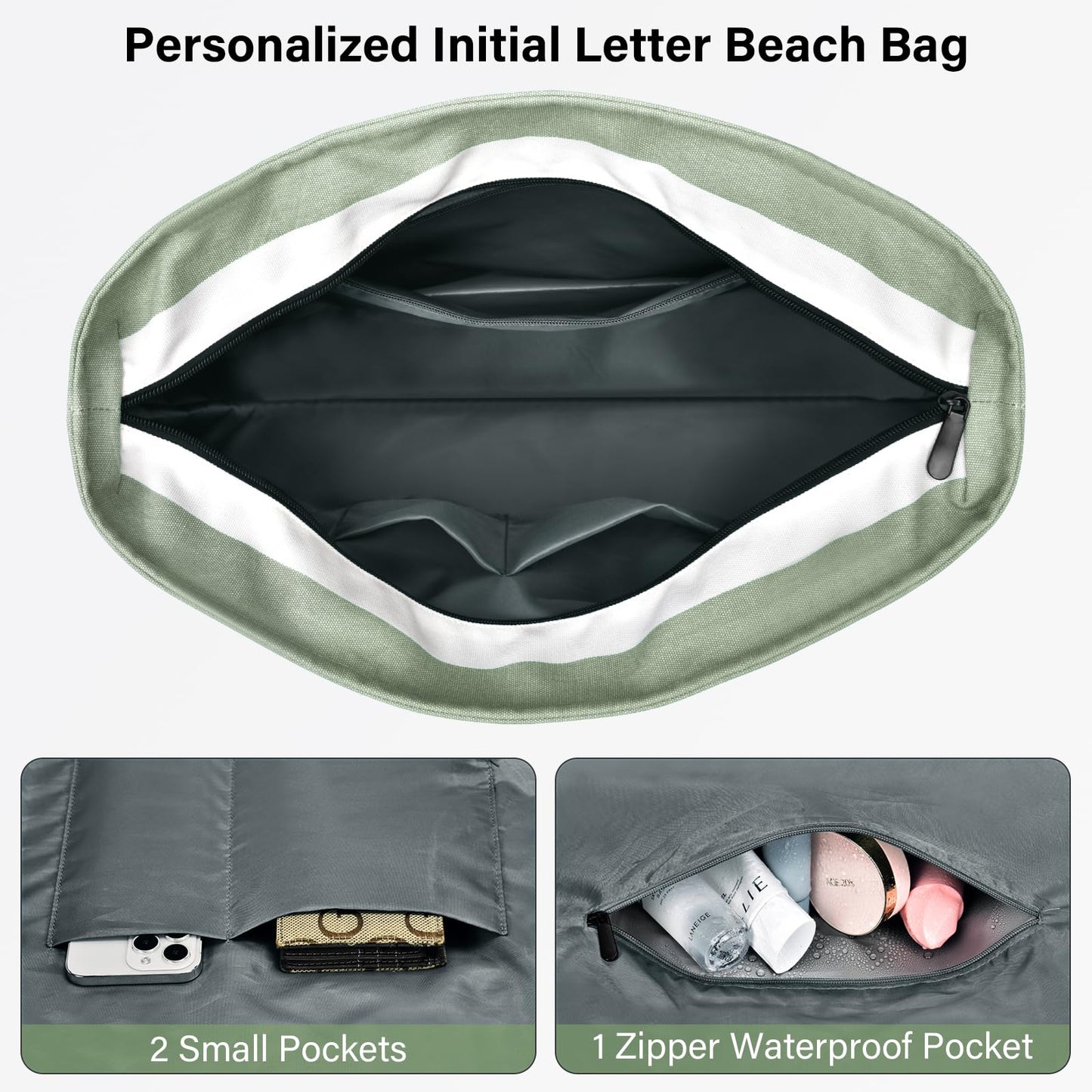 Becokan Beach Bag Initial Beach Tote with Makeup Bag for Travel, Work, Storage Personalized Birthday Gifts for Women Her (Plain, Light Green)